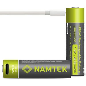 Namtek Oplaadbare batterijen AA 1.5V 2600 mWh met USB Type-C Kabel opladen - Lithium USB batterijen - Duurzame Keuze - 2 stuks