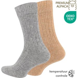 Warme Wollen sokken met Alpacawol - Set van 2- Beige & Grijs - Maat 35-38 - Wintersokken dames, Wandelsokken, Huissokken