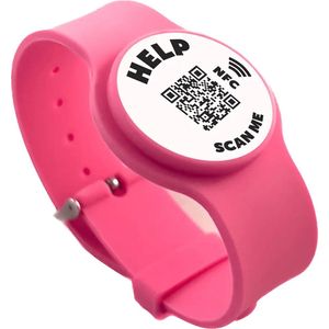 SOS Armband Kinderen Roze, Als je kind even te veel eigen-initiatief neemt, bijvoorbeeld in een pretpark of een winkelcentrum, dan is een ICESCAN kinderarmband een veilig idee!Eenvoudig verstelbaar, QR code en NFC scanbaar