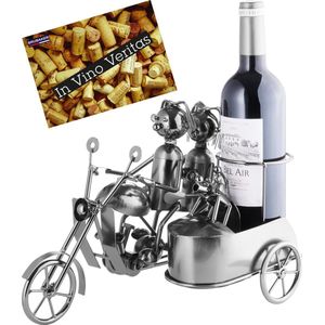 BRUBAKER Wijnflessenhouder motorfiets paar met zijwagen en hond - metalen sculptuur met wenskaart