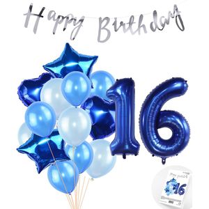 Snoes Ballonnen 16 Jaar Feestpakket – Versiering – Verjaardag Set Mason Blauw Cijferballon 16 Jaar - Heliumballon