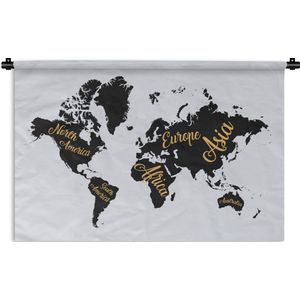 Wandkleed Trendy wereldkaarten - Zwarte wereldkaart met gouden letters Wandkleed katoen 120x80 cm - Wandtapijt met foto