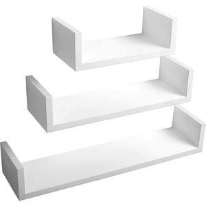 Wandplanken - U-vormige Display - Hangende Boekenkast - Decoratieve Opberger - Wandplankenset - Zwevende Ledges - Wit - 26x9,7x6cm, 34x9,7x7,5cm, 42x9,7x9cm