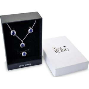 New Bling Gift Set 9NB SET009 54 Sieraden Geschenkset Zilveren Oorbellen 6x8 mm Collier 40+5 cm Ring maat 54 - Solitair Zirkonia steen - Zilverkleurig / Blauw