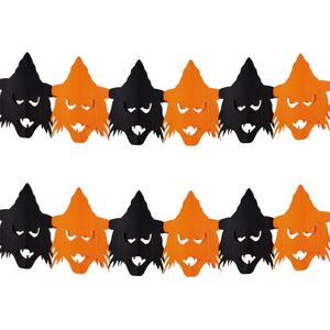 Set van 2x stuks halloween/Horror thema heksen/vogelverschrikkers slinger oranje/zwart 3 meter brandvertragend papier