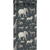 ESTAhome behang jungle dieren vergrijsd blauw en grijs - 139272 - 0.53 x 10.05 m