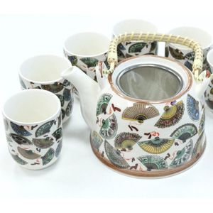 Kruidenthee Servies - Waaiers - Theepot met Metalen Zeef + 6 Kopjes