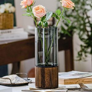 Glass Flower Vase, Modern Cylinder Vase, Handmade Crystal Clear Glass Vase with Wooden Base, Flower Flower Plant Container for Home Office Decor, Gift for Wedding, Housewarming Party, Celebration,