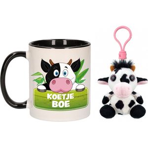 Cadeau set kind - Koe sleutelhanger knuffel 9 cm en drinkbeker 300 ml