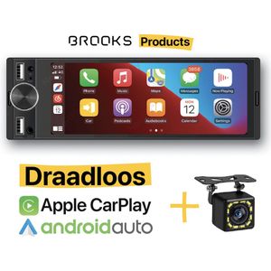 BROOKS® Carplay (Draadloos) & Android auto | +Achteruitrijcamera | 1 din radio Universeel | Apple Carplay Radio