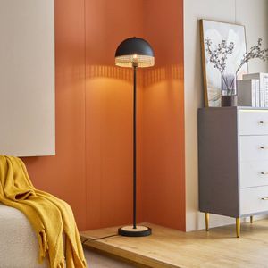 Lindby - vloerlamp - 1licht - ijzer, rotan - H: 150 cm - E27 - zwart, rotan natuur