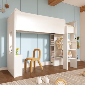 Kinderbed, Hoogbed Eenpersoonsbed 90x200 cm, Veelzijdig 3-in-1 Houten Bed-Met Opbergvakken, Kledingkast, Open Planken en Trap, Wit