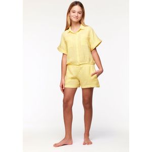 Woody doorknoop pyjama meisjes/dames in tetra katoen - geel - 231-2-YPF-W/609 - maat 116