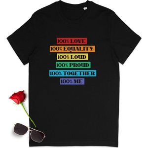 Gay Pride t shirt - Pride tshirt - 100% Pride - Dames tshirt met print - Heren t shirt met Pride opdruk - Unisex Pride Shirt - Unisex maten: S M L XL XXL XXXL - Tshirt kleuren: Wit en zwart.