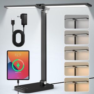 Bureaulamp met dubbele kop 10 W - USB adapter - 5 kleurmodi - dimbare helderheid - oogbescherming - bureau USB voor studie lezen