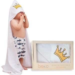 XL-handdoek met capuchon baby - babyhanddoek met capuchon 100 x 100 cm - grote babybadhanddoek voor pasgeborenen - handdoeken met capuchon met kroonborduurwerk - 100% katoen Oeko-Tex-certificaat (wit)