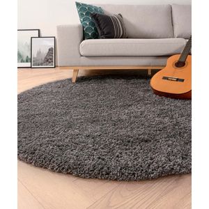 Rond hoogpolig vloerkleed shaggy Grand effen - donkergrijs 80 cm rond