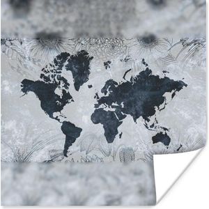 Muurdecoratie - Wereldkaart - Blauw - Bloemen - 50x50 cm - Poster