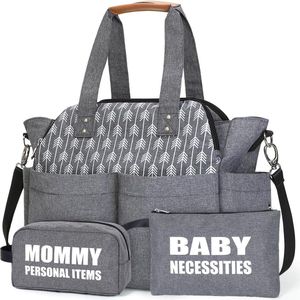 Luiertas voor baby's, groot, met aankleedkussen voor op reis, met 2 organizer-tassen, grijs
