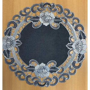 Tafelkleed - Linnenlook - Donker grijs met bloem - Rond 60 cm