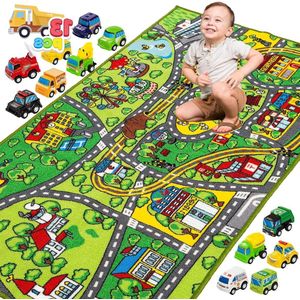 Speelmat met 12 auto's terugtrekvoertuig set - speelkamer tapijt stad - kinderen vanaf 3 jaar