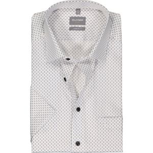 OLYMP comfort fit overhemd - korte mouw - popeline - wit met beige en blauw dessin - Strijkvrij - Boordmaat: 46