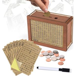 Houten spaarpot met cijferaankruisen en teller - herbruikbare geldcassette - €10000 €500 €1000 €2000 €3000 €5000 (8 stuks)