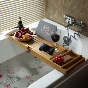 Decopatent® Luxe Bamboe Badrekje - Badplank voor in Bad met Boekenhouder - Tablethouder - Uitschuifbaar badrek van 75 tot 110 cm