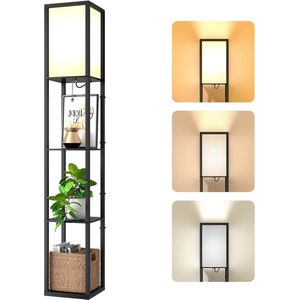 Staande Lamp met Houten Legplanken, 2-in-1 Vloerlamp met 3-laags planken, Binnen licht Decoratieve Lamp voor Woonkamer Slaapkamer Kantoor, Hoek Organisator Opslag met E27-fitting, Hoogte 1,6 m