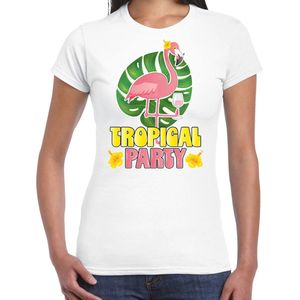 Bellatio Decorations Tropical party T-shirt voor dames - flamingo - wit - carnaval/themafeest XS