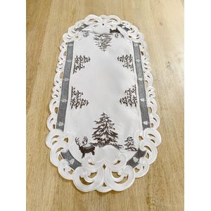 Kerst-tafelkleed Linnenlook Wit met Rendier en Kerstboom - Loper 70 cm