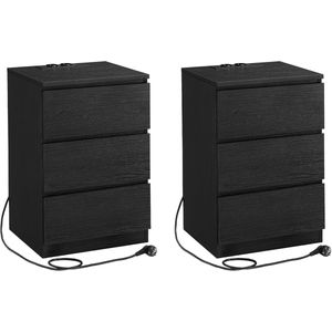 Sierra Nachtkastje, set van 2, bijzettafel, 3 laden, afgeschuinde rand, 2 AC-stopcontacten, 2 USB-aansluitingen, woonkamer, slaapkamer, werkkamer, modern, ebbenhout zwart