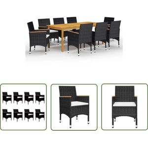 The Living Store 9-delige Tuinset met kussens zwart - Tuinbank - Eetkamerset - Buis Meubel - Acacia Hout - Ratan Tuinmeubels
