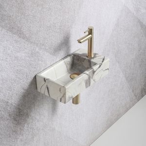 Fonteinset Mia 40.5x20x10.5cm marmerlook wit geaderd grijs rechts inclusief fontein kraan, sifon en afvoerplug mat goud
