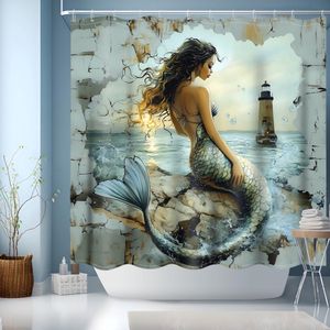 Boraboi ® Douchegordijn, 180 x 180 cm, gewicht douchegordijn, waterdicht, badgordijn, badkamergordijn voor badkamer, bad, douchegordijn met motief, zeemeermin (180 x 180 cm)