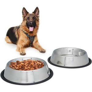 Relaxdays dinerset hond - voer- en drinkbak - rvs voerbak - antislip hondenvoerbak zilver - XL