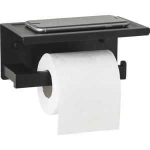 WC Rolhouder Zwart met Plankje - Toiletrolhouder met Planchet - WC Papier Houder - RVS - S.old