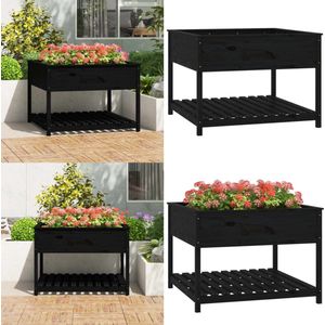 vidaXL Plantenbak met schap 111,5x111,5x81 cm massief grenenhout zwart - Plantenbak - Plantenbakken - Verhoogde Plantenbak - Kweekbak