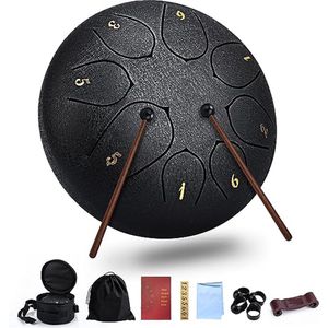 Tongdrum - Tongtrommel - Trommel - Stalen Pan Tonen - Slaginstrument - Handpan Drum met Accessoir doos - Vingerbescherming - Handpantrommel - Muziekboek en Drum voor Meditatie - 8 Noten - 6 inch Schijftrommel