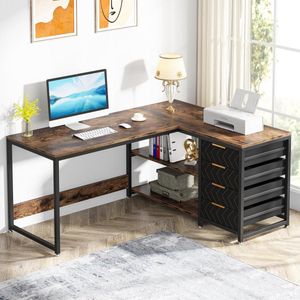 Tribesigns Bureau - Hoekbureau - 150x110x75cm - Zwart / Vintage Bruin - Bureau met 4 opbergladen