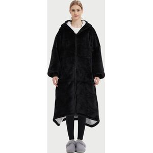 Hoodie Deken Extra LANG met RITS – Hoge Kwaliteit Sherpa Fleece – West - 120 cm – Vrouwen Zwart