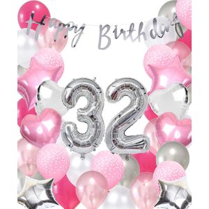 Snoes Ballonnen 32 Jaar Pink Blush Silver Mega Ballon - Compleet Feestpakket 32 Jaar - Verjaardag Versiering Slinger Happy Birthday – Folieballon – Latex Ballonnen - Helium Ballonnen - Zilver en Roze Verjaardag Decoratie