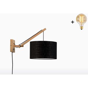 Wandlamp met Korte Arm - ANDES - Naturel Bamboe - Zwart Linnen - Met LED-lamp