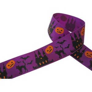 Halloween Lint | Grosgrain Ripsband 25mm (2,5cm) | Spook Griezel Halloweenlint | Spookkasteel Kat Vleermuis Pompoen | Paars | Cadeaulint | Decoratielint | Lengte: 5 Meter