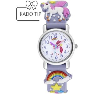 kinderhorloge eenhoorn paars met rubberen band met ronde wijzerplaat - één maat verstelbaar met gesp vastmaken - kinderhorloge, verjaardagcadeau, feestdagen cadeau voor meisjes