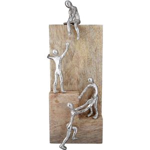 Mangohout sculptuur teamwork - 39 cm hoog - hot en aluminium - zilver