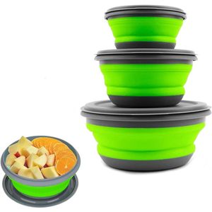 3 Stuks Siliconen Opvouwbare Camping Kommen met Deksel - Groen