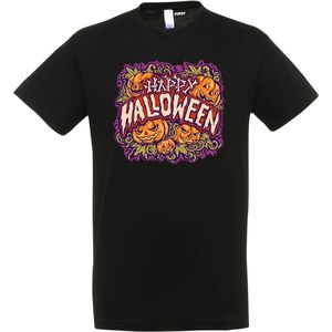 T-shirt kinderen Happy Halloween pompoen | Halloween kostuum kind dames heren | verkleedkleren meisje jongen | Zwart | maat 128