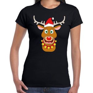 Foute Kerst t-shirt met rendier Rudolf rode muts zwart voor dames XS