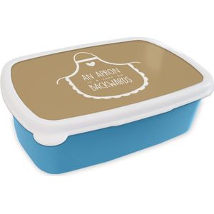Broodtrommel Blauw - Lunchbox - Brooddoos - Quotes - Schort - Koken - Apron - Kook held - Spreuken - 18x12x6 cm - Kinderen - Jongen